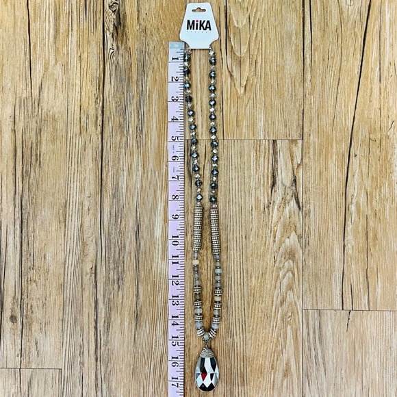 Beaded Necklace with Teardrop Pendant Earthy Tones Glass Long Fashion Jewelry - Picture 6 of 6